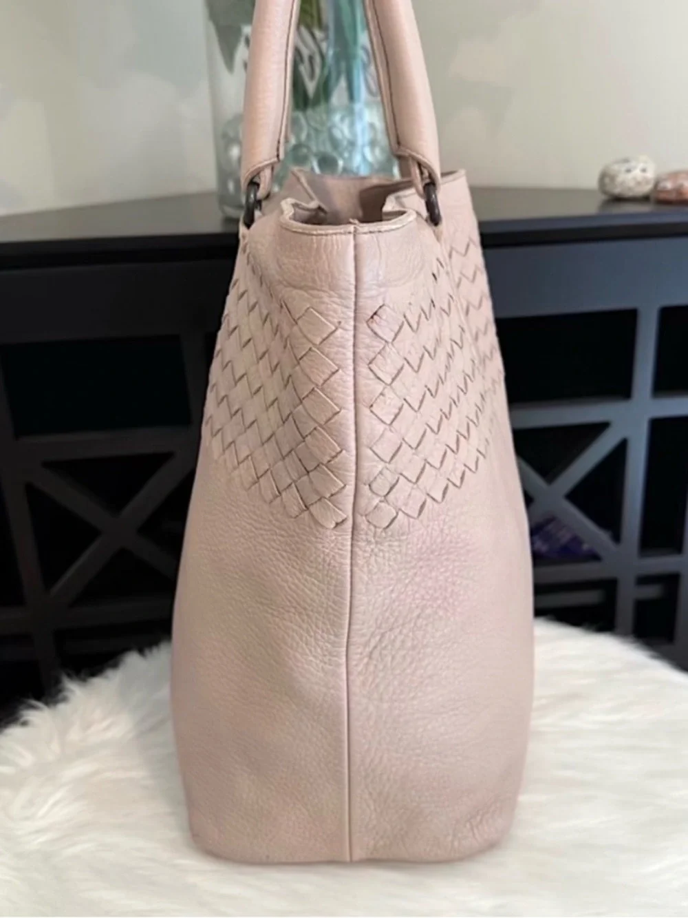 Auth BOTTEGA VENETA beige pink Taupe shoulder Tote Bag INTRECCIATO Woven leather